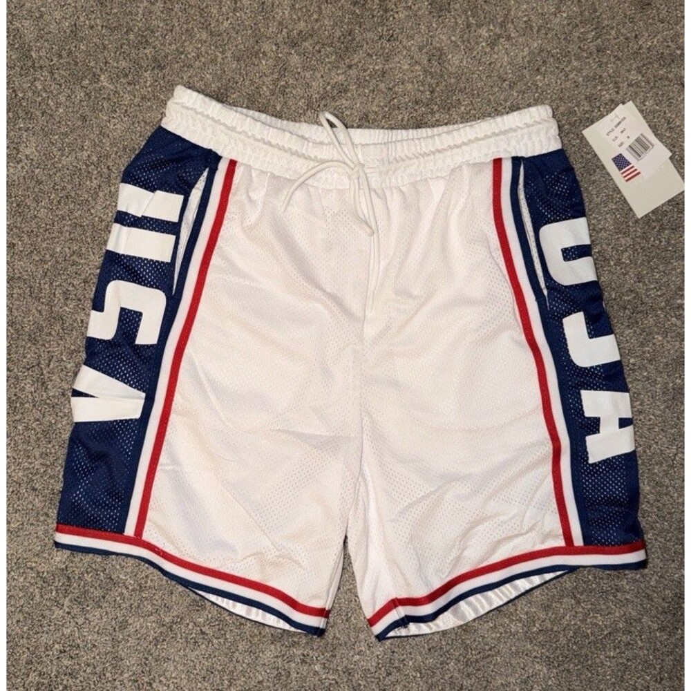 Team USA Training Shorts Soccer Medium White Red Blue Mesh Satin Reverse BB